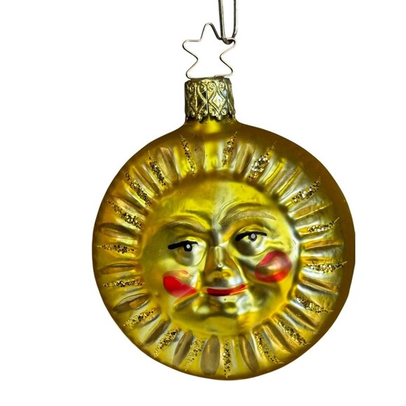 Inge-Glas Germany Smiling Sun Face Glass Ornament Gold Glitter Rays 3" Retired - Picture 4 of 5